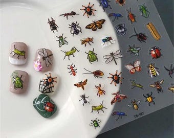 3D Bugs Galore Nail Stickers - centipede, dragonfly,  roach, horned beetle, moth, tarantulas, grasshopper - Free gifts