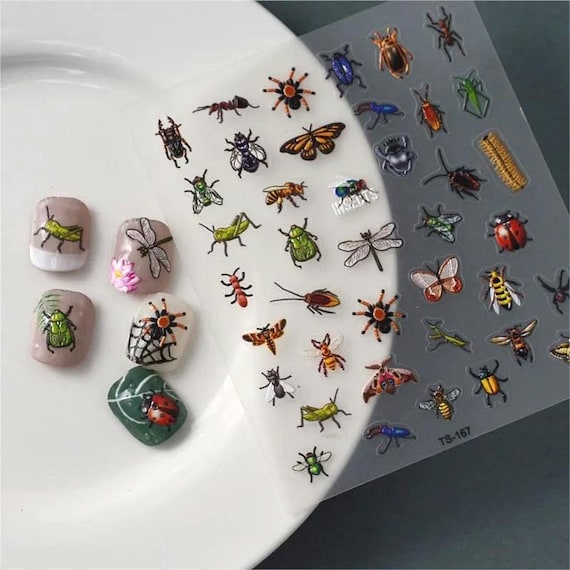3D Bugs Galore Nail Stickers - centipede, dragonfly,  roach, horned beetle, moth, tarantulas, grasshopper - Free gifts