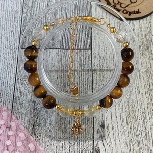 Tiger Eye and Citrine with Clear Quartz and Hamsa Hand / Success / Adjustable Bracelet / Abundance / Lucky / Crystal Bracelet / Protection