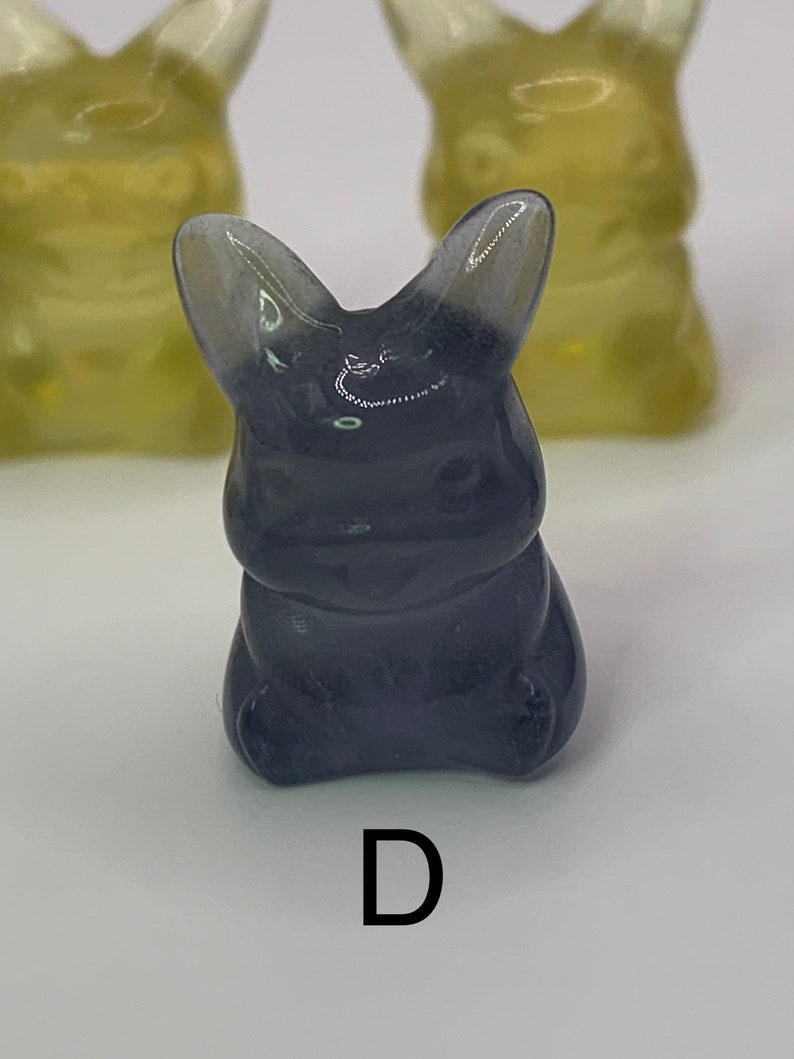 May include: A dark gray, translucent, rabbit-shaped figurine with a letter "D" printed below it.