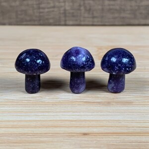 K&ouml;nnte beinhalten: Drei kleine, polierte Pilzfiguren. Jeder Pilz hat eine dunkelviolette Kappe und einen passenden Stiel. Die Pilze sind in einer Reihe auf einer hellen Holzmaserung angeordnet. Der Hintergrund ist verschwommen und neutral.