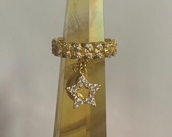 Star and Moon Gold Plated Adjustable Chain Ring with Cubic Zirconia / Dangling Ring / Star and Moon Ring / Statement Ring / Charm Ring