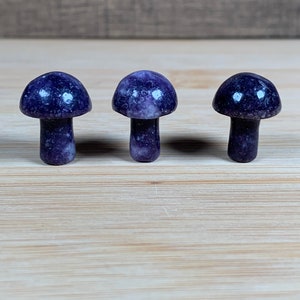 K&ouml;nnte beinhalten: Drei kleine, violette Pilzfiguren mit abgerundeten Kappen und schlanken Stielen. Die Pilze werden auf einer hellen Holzoberfl&auml;che pr&auml;sentiert, die ihre polierte, glatte Textur zeigt. Die Figuren haben einen tiefen Lilaton.