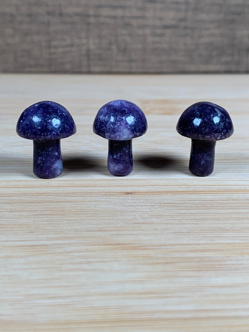 K&ouml;nnte beinhalten: Drei kleine, violette Pilzfiguren mit abgerundeten Kappen und schlanken Stielen. Die Pilze werden auf einer hellen Holzoberfl&auml;che pr&auml;sentiert, die ihre polierte, glatte Textur zeigt. Die Figuren haben einen tiefen Lilaton.
