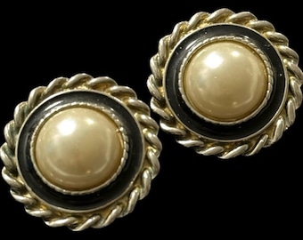 Vintage Pearl Clip On Earrings: Large Enamel Statement Jewelry