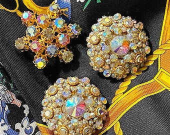 Vintage Aurora Borealis Strass-Brosche und Ohrclips im Set
