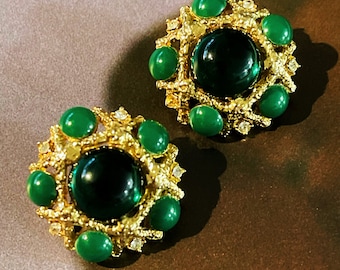 Vintage Grüne Cabochon Ohrclips: Gold Filled Modeschmuck