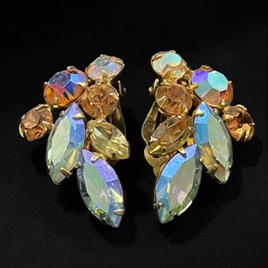 Stunning Aurora Borealis Rhinestone Clip On Earrings