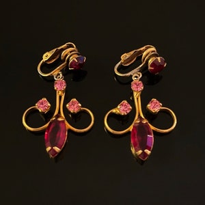 Vintage Rhinestone Clip On Earrings: Red & Pink Retro Jewelry