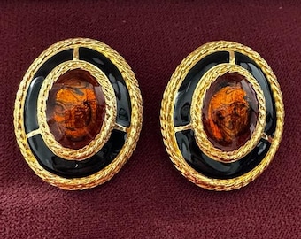 St John Earrings - Etsy Vintage St. John Black Enamel Gold Rope Clip Huggie Hoop Earrings main image 1