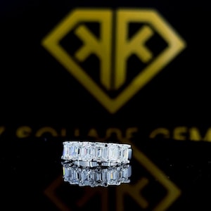 Emerald Cut Colorless Moissanite Wedding Band, Solid 14K White Gold Band, Half Eternity Solitaire Band, Matching Band For Engagement Ring