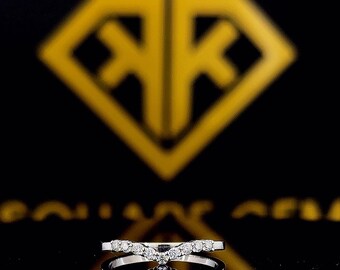 Vintage 14K White Gold Moissanite Wedding Band: Curved Diamond Ring