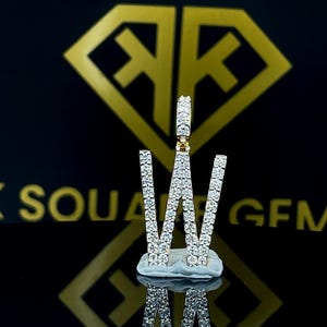 Pingente de letra inicial de moissanita VVS, pingente com nome inicial para homens, pingente de presente de moissanita com letra W, banhado a ouro amarelo