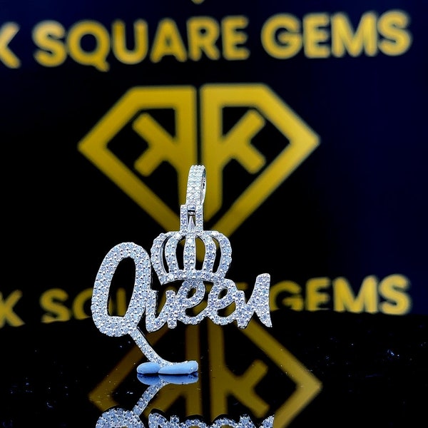 Customized Iced Out Queen Name VVS Moissanite Pendant In 925 Sterling Silver, Custom Letter Name Moissanite Pendant, Silver Hip Hop Pendant