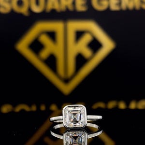 Bezel Set Asscher Cut Solitaire Moissanite Engagement Ring / 14K Gold Dainty Moissanite Ring / Asscher Cut Solitaire Promise Ring for Women