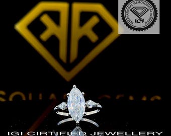 Lab Grown Diamond Marquise Engagement Ring, Kite Side Stones, Sterling Silver