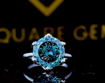 7.70CT Blue Moissanite Engagement Ring: 14k White Gold Anniversary Ring