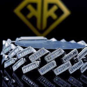 19 mm Iced Out Cuban Diamond Chain, 925 Sterling Silver VVS Round & Baguette Moissanite Miami Cuban Chain, Cuban Link Chain