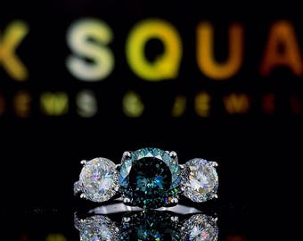 5.10 Ctw Blue Portuguese Cut Moissanite Engagement Ring, 14K White Gold Ring, Unique Three Stone Ring, Anniversary Ring, Gift For Her