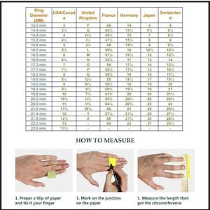 May include: A chart showing ring sizes in millimeters, US, UK, France, Germany, Japan, and Switzerland. The chart also includes a diagram showing how to measure your finger for a ring.