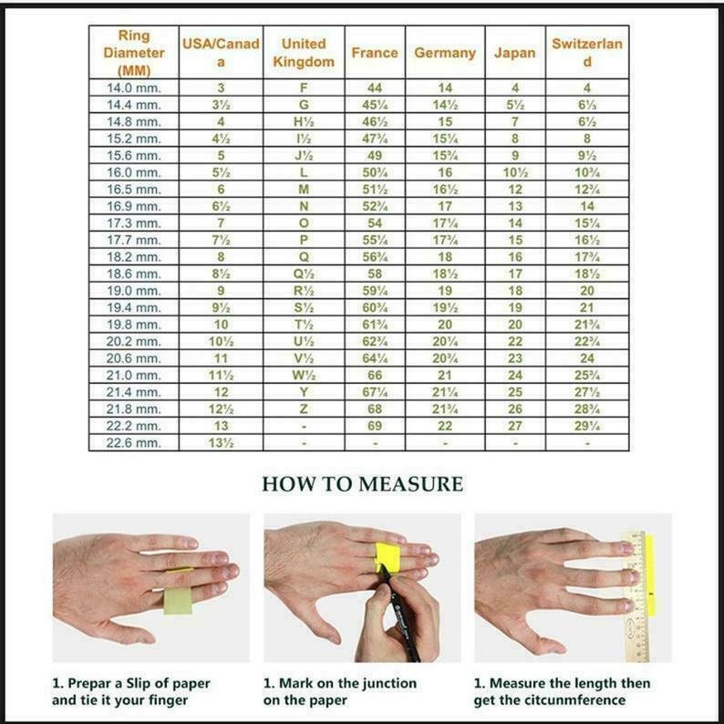 May include: A chart showing ring sizes in millimeters, US, UK, France, Germany, Japan, and Switzerland. The chart also includes a diagram showing how to measure your finger for a ring.
