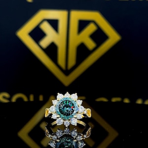 3,69 kt blauwe Portugese moissanietring: 14 kt gouden art-deco verlovingsring