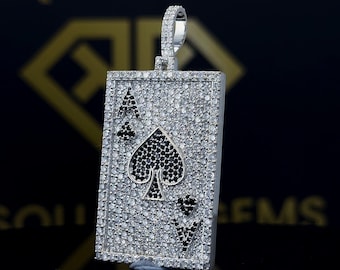 Iced Out Ace of Spades Pendant: Sterling Silver Moissanite Poker Card