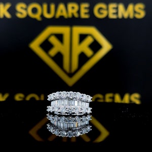 Baguette Moissanite Diamond Anniversary Ring, 14k Gold Half Eternity Baguette and Round Brilliant Micro Pave Cocktail Ring, Wedding Band
