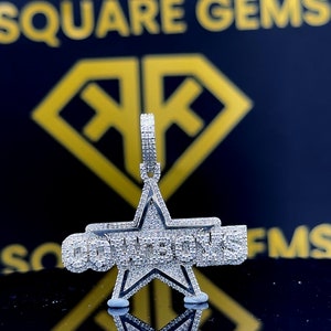 Pingente personalizado de carta de cowboy em estrela hip hop, pingente de prata de diamante de moissanite com corte redondo branco, pingente de presente, pingente de diamante estrela