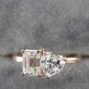 2.09 TCW White Color Emerald And Heart Cut Moissanite Two Stone Ring, Toi Et Moi Anniversary Ring, Gift For Her, Engagement Ring