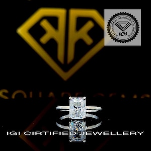Anillo de compromiso solitario de diamante cultivado en laboratorio de talla radiante rectangular con certificación IGI de 2 quilates, color F y claridad VS1, oro blanco de 14 k