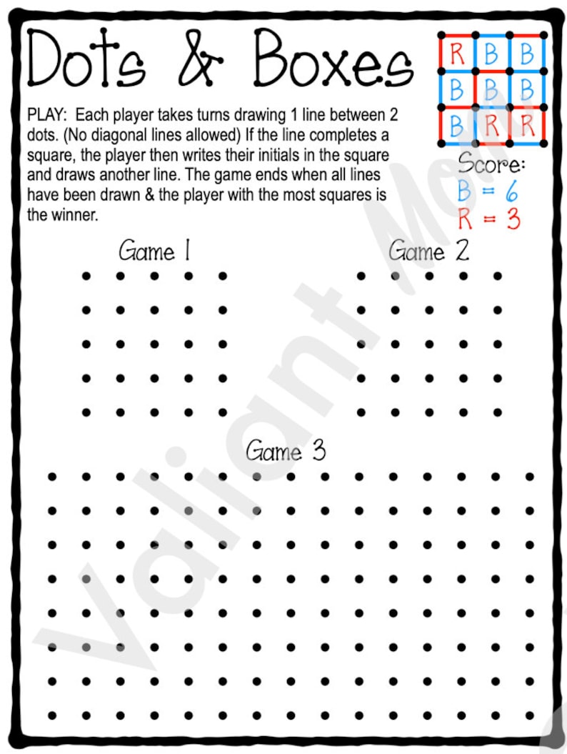 Dots and Boxes Game Printable/digital Download for Kids & Road Trip