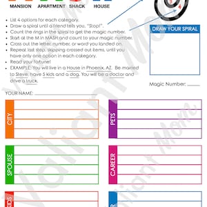 MASH Game / Predict Your Future - Printable/Digital Download