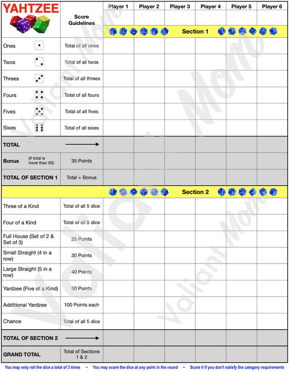 yahtzee score card sheet printable digital download etsy