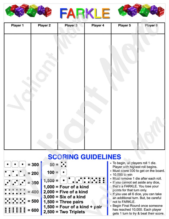 Farkle Score Card/sheet Printable/digital Download - Etsy