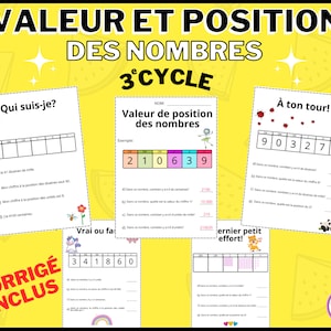 Workbook 3rd cycle printable in French | Value and position of numbers | MATHEMATICS| Resource for teachers to print PDF