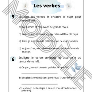 May include: A French language worksheet with instructions to underline verbs and circle the subject of each sentence. The worksheet includes several sentences with verbs in different tenses.