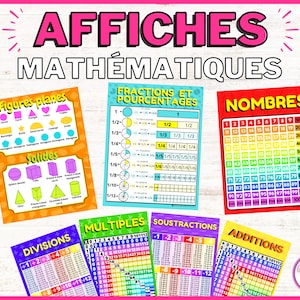 Peut inclure: Un ensemble d'affiches éducatives colorées pour les mathématiques, couvrant des sujets tels que les fractions, les pourcentages, les nombres, les divisions, les multiplications, les soustractions et les additions. Les affiches ont un style lumineux et cartoon avec un texte gras et des illustrations colorées.