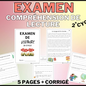 Pode incluir: Uma folha de trabalho colorida para um exame de compreensão de leitura em francês para alunos do segundo ciclo. A folha de trabalho apresenta uma página de título com as palavras "Examen de Lecture 2e Cycle" e uma página com o texto "Le voyage de fin d'année".