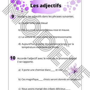 May include: A French language worksheet for children to learn about adjectives. The worksheet has a purple title "Les adjectifs" and asks students to underline adjectives in sentences and match adjectives to nouns.