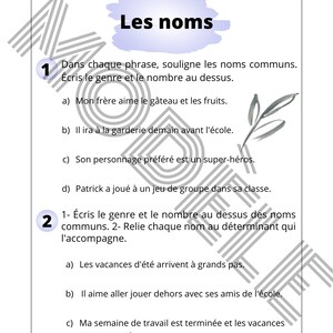 May include: A worksheet with instructions to underline common nouns in sentences and identify their gender and number. The worksheet is divided into two sections, with the first section asking students to underline common nouns and the second section asking students to identify the gender and number of the nouns.