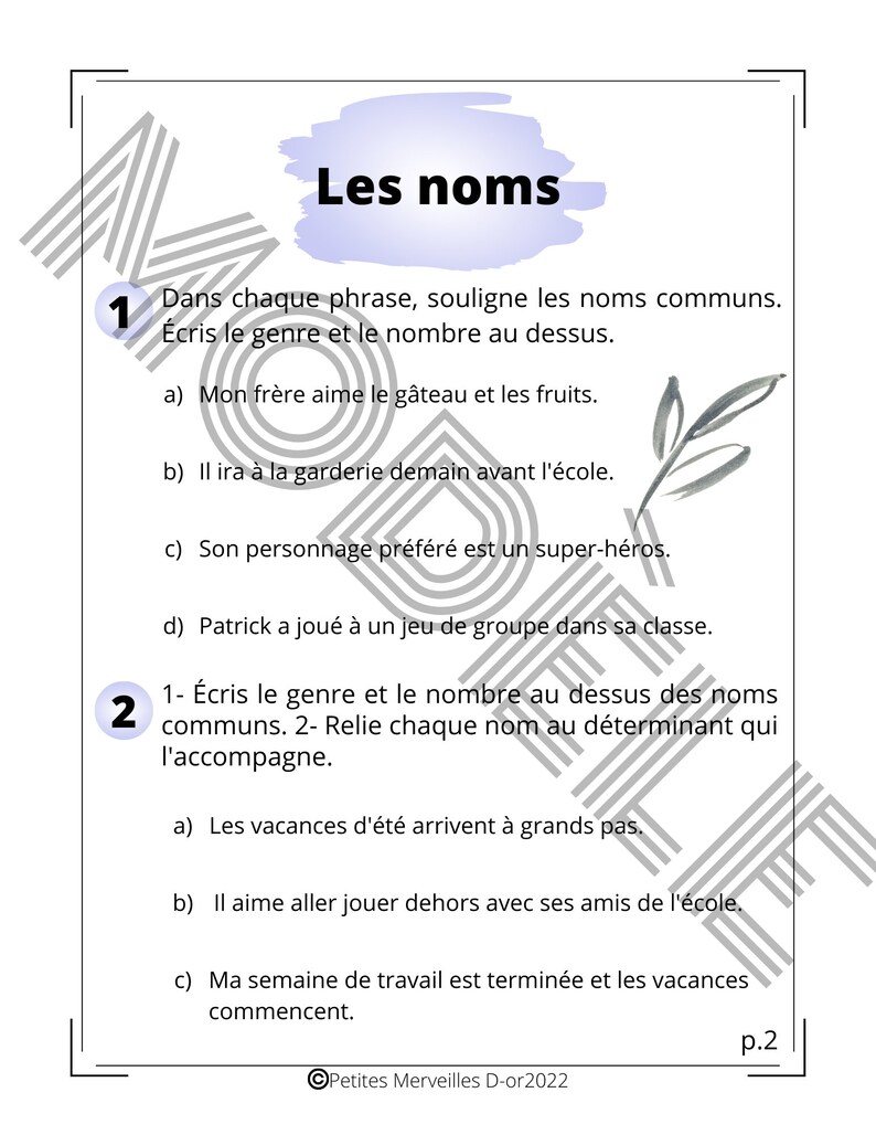 May include: A worksheet with instructions to underline common nouns in sentences and identify their gender and number. The worksheet is divided into two sections, with the first section asking students to underline common nouns and the second section asking students to identify the gender and number of the nouns.