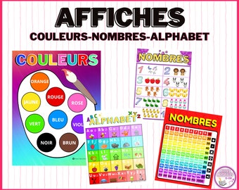 4 Printable educational posters for the class COLORS-ALPHABET-NUMBERS| Preschool & Elementary| Resource for teachers| Checklist