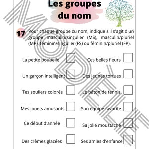May include: A worksheet with a tree illustration and the text "Les groupes du nom" in French. The worksheet has 10 rows with French words and a box next to each word for students to check the correct grammatical group.