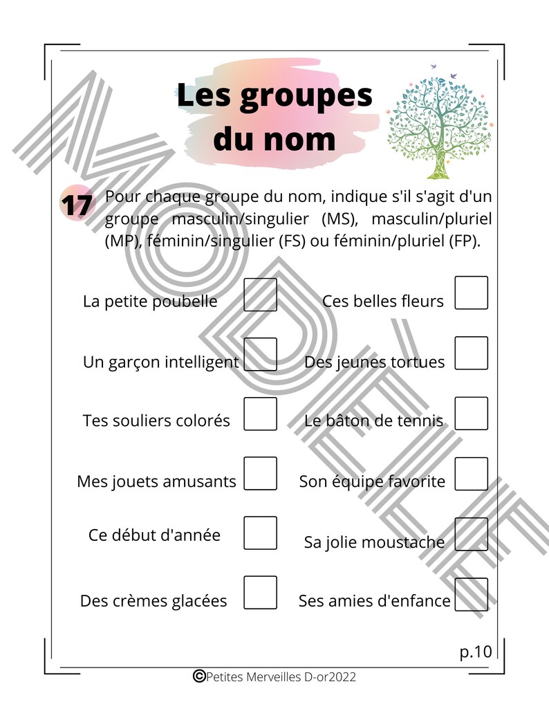 May include: A worksheet with a tree illustration and the text "Les groupes du nom" in French. The worksheet has 10 rows with French words and a box next to each word for students to check the correct grammatical group.