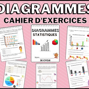 May include: A colorful workbook with the title "Diagrammes Cahier d'Exercices" and the subtitle "Diagrammes Statistiques". The workbook includes various charts and graphs, such as bar graphs, pie charts, and line graphs. The workbook is designed for students to practice their skills in interpreting and creating different types of diagrams.