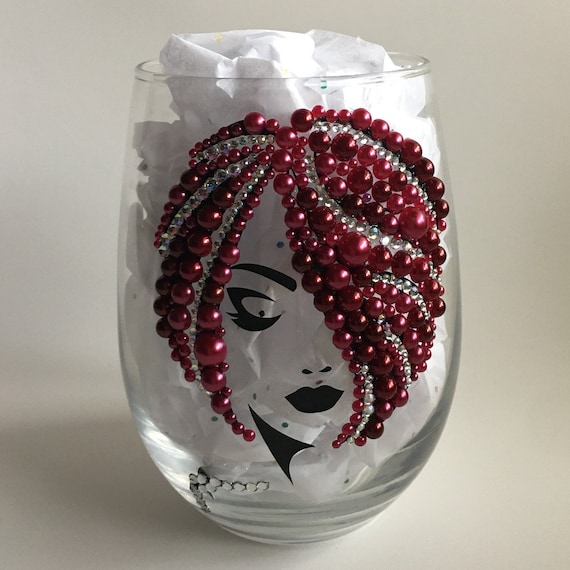 Bling No Stem Wine Glass, Red Pixie Cut, Customized art wine glass,  Handcrafted African American gifts, Unique drinkware, Pearl-embellished