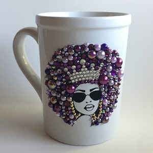 Bling Coffee Mug, Purple Afro Queen, Black culture Handcrafted mug, African American gifts, Personalized pearl embellished mug
