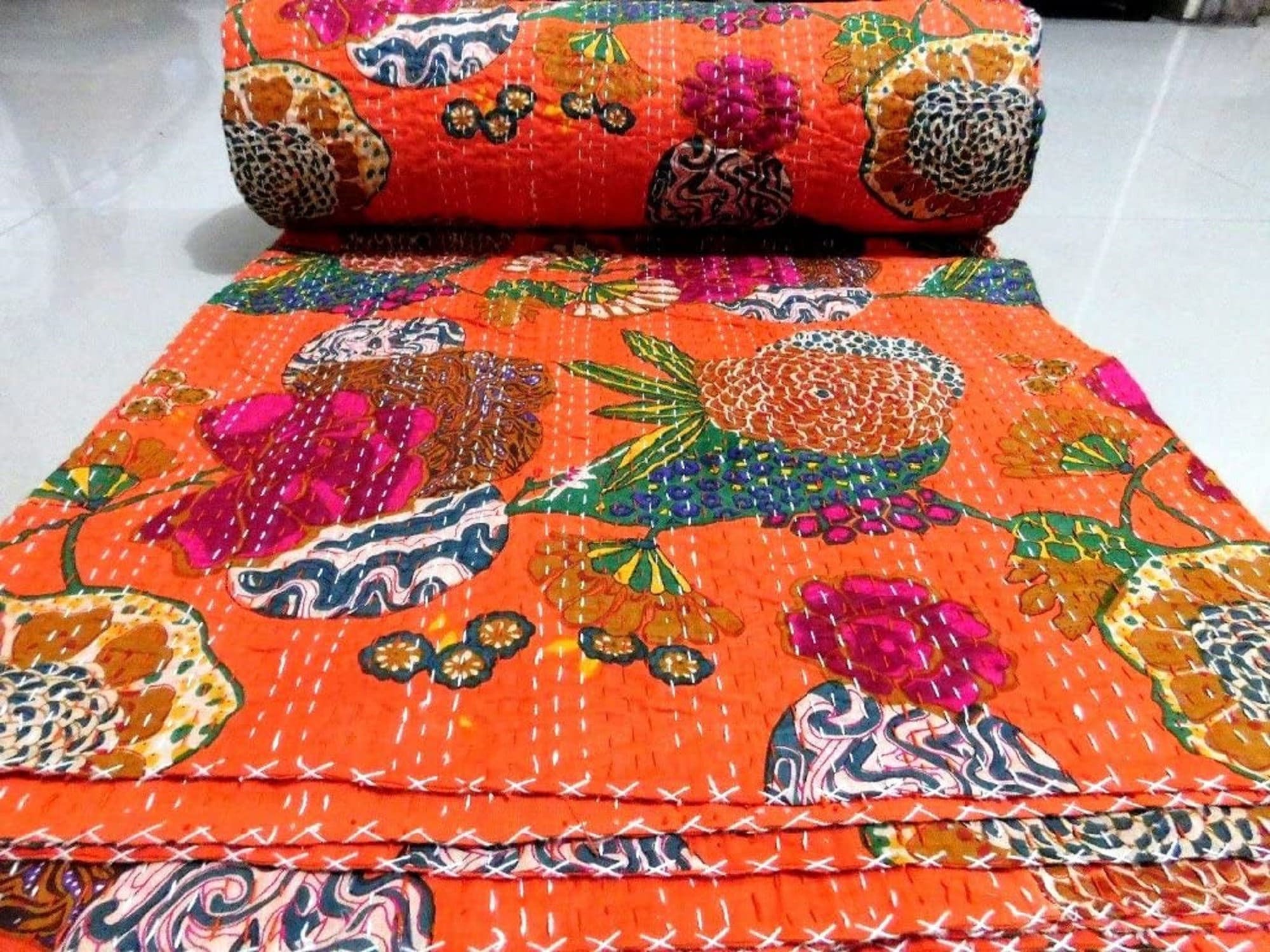 Orange Kantha Quilt Kantha Bedspread Bedcover Kantha Throw Etsy UK