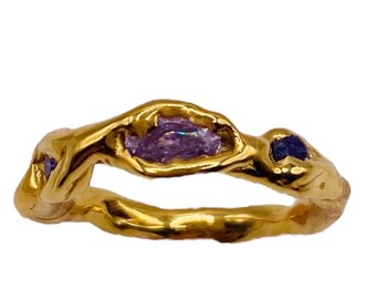 18ct Gold Vermeil Ring with Purple and Lilac Gemstones